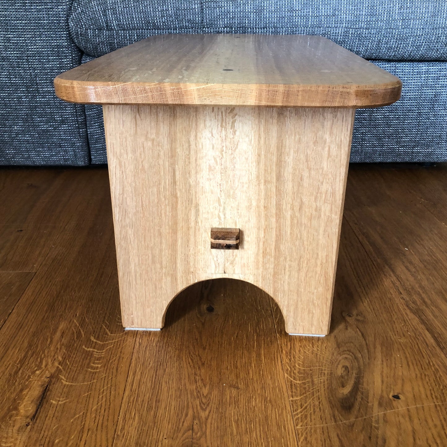 Oak Stool, sap wood stripe in middle, teak and sycamore dowels
