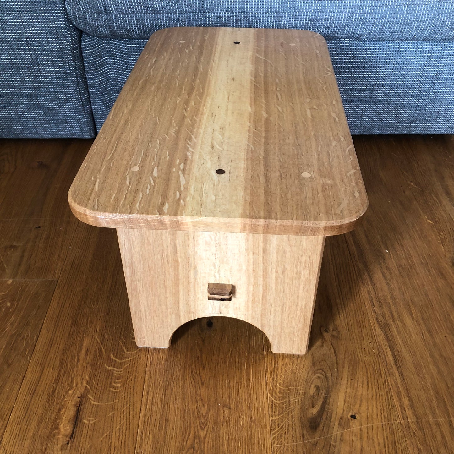 Oak Stool, sap wood stripe in middle, teak and sycamore dowels